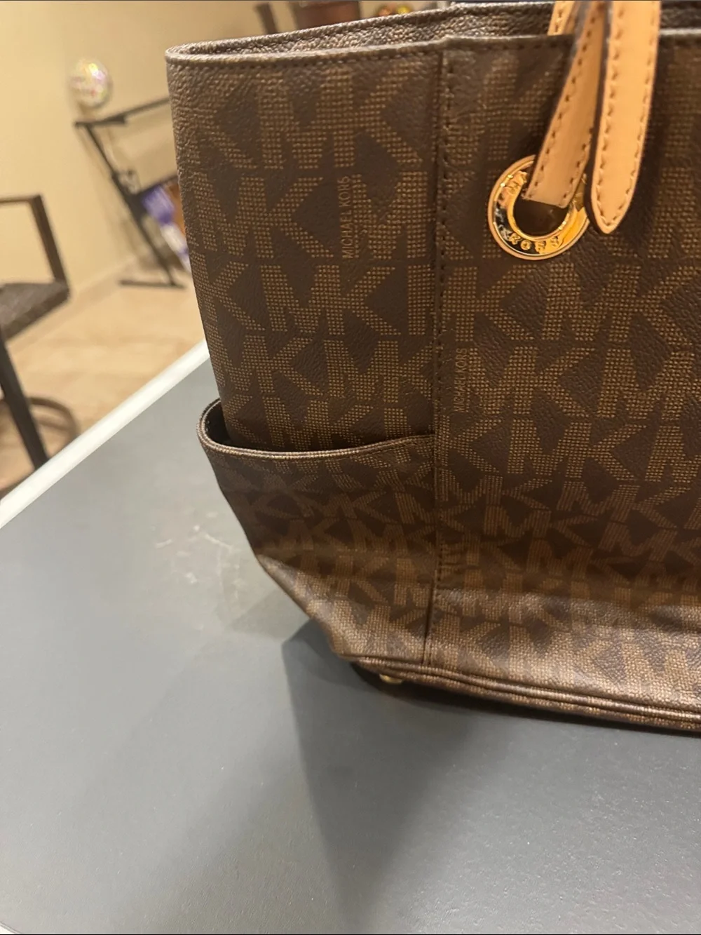 Michael Kors Brown Logo Tote with Tan Straps and Gold Hardware